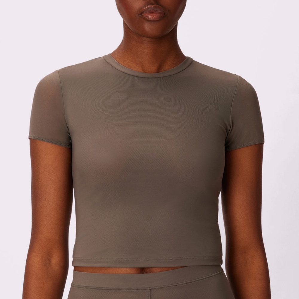 PARADE SUMMER CROP TEE - SEXY SILKY MESH, OLIVE COLOR, SIZE 2XL FITS LIKE M